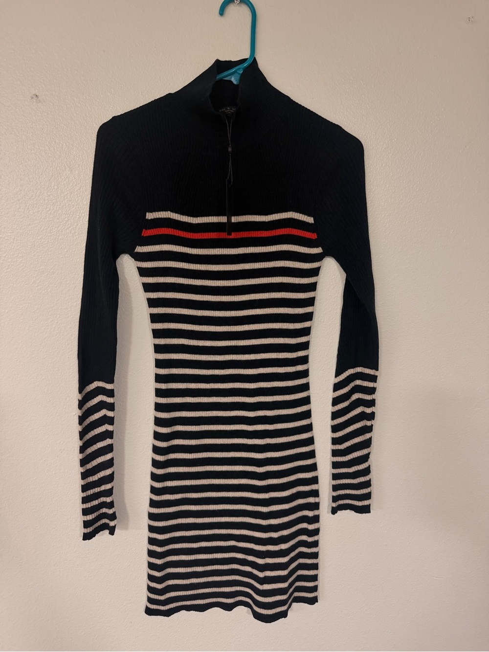 rag & bone Black, White & Red Striped Ribbed Half-Zip Sweater Dress